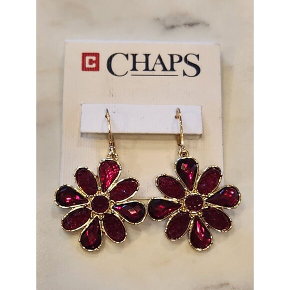 Chaps Gold-Tone Red Gemstone Flower Drop Earrings - Picture 1 of 5